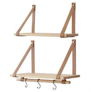 lot 6429 image: FRIADE Wall Wood Floating Shelves,Multifunctional PU Leather Strap Storage Shelves,Storage Organizer for Kitchen,Living Room,Bedroom,Study,Set of 2 (Burlywood) - Retail $27