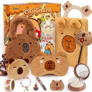 lot 6434 image: Tekeii Capybara Gifts Box, Cute Capybara Toy for Girls Kids for Back to School, Birthday, of Shoulder Bag, Coin Purch, Water Bottle, Keychain, Plush Notebook, Eye Mask, Bracelet, Pocket Comb - Retail $27