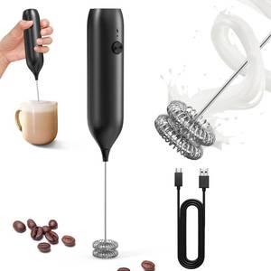 lot 6447 image: CIRCLE JOY Rechargeable Milk Frother Handheld, Coffee Frother Wand Drink Mixer with Stainless Steel Whisk for Coffee, Cappuccino, Lattes, Frappe, Matcha and Hot Chocolate, Black - Retail $10