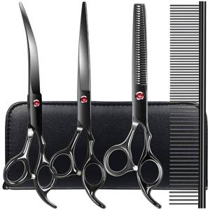 lot 6457 image: Professional Dog Grooming Scissors kit Black 5 in 1, Dog Shears for Grooming 6CR Premium Stainless Steel Grooming Scissors Kit for Dogs Cat Pet - Retail $40