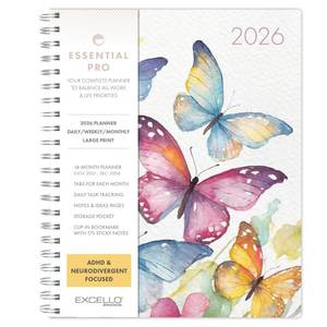 lot 6464 image: Essential PRO 2026 Daily, Weekly & Monthly Planner, 8.5x11 14 Months (Nov 2025 - Dec 2026) Monthly Tabs,Daily Tracking,Notes Pages,Storage Pocket,Bookmark w Sticky Notes (Watercolor Butterflies) - Retail $28
