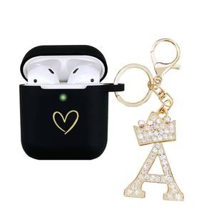 lot 6475 image: AIIEKZ Compatible with AirPods Case Cover, Soft Silicone Case with Gold Heart Pattern for AirPods 2&1 Generation Case with Rhinestone Studded Letter A-Z Keychain (A Black) - Retail $10