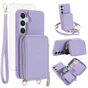 lot 6481 image: Phone Case for Samsung Galaxy S24S25 5G Wallet Cell Cover with Tempered Glass Screen Protector Crossbody Strap Lanyard Stand RFID Blocking Credit Card Holder S 24 24S 25 25S G5 Women Girls Purple - Retail $23