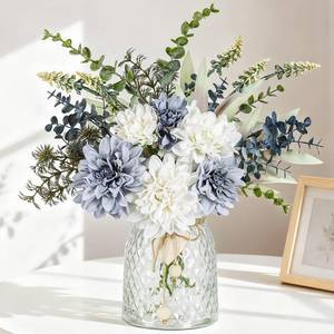 lot 6491 image: Der Rose Fake Flowers in Vase Silk Artificial Navy Blue Flowers Arrangements with Glass Vase for Dining Coffee Table Centerpieces Home Kitchen Farmhouse Wedding Decor - Retail $22