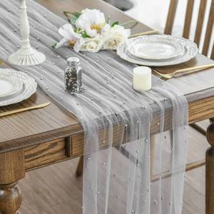 lot 6492 image: Artoid Mode Pearl Grey Gauze Table Runner 120 Inch 10FT, Seasonal Sheer Dining Holiday Wedding Birthday Baby Shower Table Decor for Home Party - Retail $13