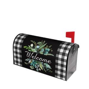 lot 6499 image: Kawani Buffalo Plaid Mailbox Cover - Black & White Plaid with Leaves - Magnetic Welcome - Standard Size 21 x 18 Inches - Retail $13