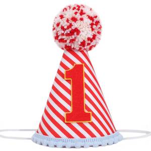 lot 6500 image: HIKLO Vintage Circus 1st Birthday Hat - Carnival Party Hat, Red White Stripe Birthday Party Decoration, Cake Smash Photo Props, Baby Birthday Outfits - Retail $13