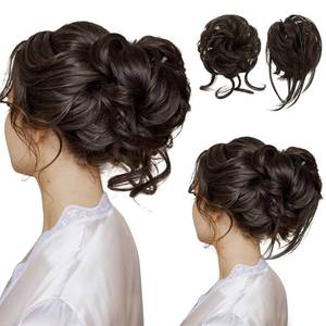 lot 6509 image: SARLA 2PCS Dark Brown Messy Bun Hair Pieces for Women Wavy Curly Synthetic Hairpieces for Updos with Tendrils Fake Scrunchies Ponytail Extension - Retail $18