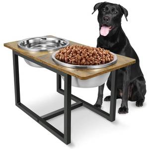 lot 6550 image: Elevated Dog Bowls for Large Dogs, Raised Dog Bowl Stand with Two X-Large Stainless Steel Bowls for Dogs, 3.5L Capacity, Rustic Brown - Retail $30