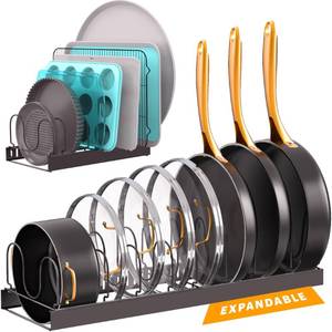 lot 6559 image: Norcalway Adjustable Bakeware Pots and Pans Organizer Under Cabinet,11 Dividers Cookie Sheet Baking Pan Pot Lid Organizers - Retail $24