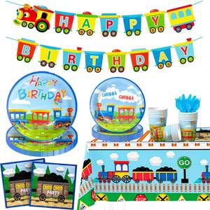 lot 6579 image: Train Birthday Party Supplies,128pcs Train Party Decorations Tableware Set, Train Plates and Cups Napkins Train Birthday Banner Tablecloth etc Train Themed Tableware - Retail $17