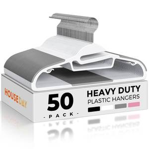 lot 6581 image: HOUSE DAY White Plastic Hangers 50 Pack, Slim Space Saving, Non Slip Hangers with Rubber Pads, Heavy Duty Coat Hanger for Closet, Prevent Stretching S-Shaped Clothes Hanger for Shirt, Suit, Pants - Retail $27