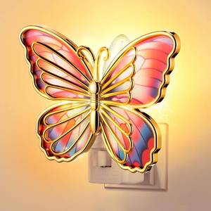lot 6615 image: Hohean Butterfly Night Light, LED Butterfly Night Light Plug into Wall, Manual OnOff Switch, Monarch with Gold Trim Decorative, Energy Saving, 360° Swivel Plug, Girl Bedroom Bathroom Hallway(Orange) - Retail $16