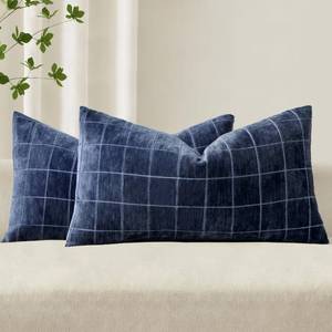 lot 6651 image: MIULEE Decorative Chenille Check Lumbar Throw Pillow Covers Vintage Plaid Couch Pillows 12x20 Inch Set of 1 Neutral Boho Cushion Covers Modern Home Coastal Decor for Sofa Bed Living Room Navy Blue - Retail $20