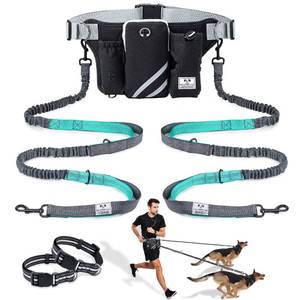 lot 6652 image: SHINE HAI Retractable Hands Free Dog Leash with Dual Bungees for 2 Dogs, Adjustable Waist Belt Fanny Pack, Reflective Stitching Leash for Running Walking Hiking Jogging Biking Black - Retail $25