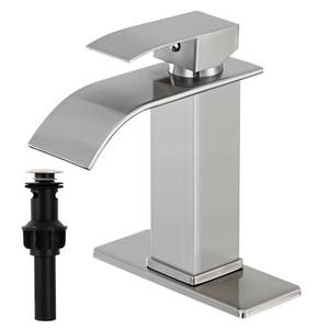 lot 6678 image: Gappo Waterfall Spout Bathroom Faucet Single Handle Bath Vanity Sink Faucet with Deck Mount,Water Supply Hoses Included (7.5 inch with Pop Up Drain,Nickel) - Retail $20