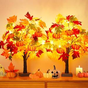lot 6679 image: Fall Decor 2 Pack 24 Inch Lighted Fall Maple Tree Fall Decorations for Home,Tabletop Fall Trees 48 LEDs Battery Powered with 8pcs Pumpkin Ornaments Halloween Thanksgiving Decorations Indoor - Retail $20