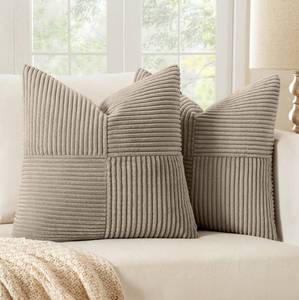 lot 6682 image: MIULEE Light Brown Decorative Throw Pillow Covers 16x16 Inch for Couch Bed Sofa Pack of 2 Boho Neutral Farmhouse Throw Pillows Soft Cross Corduroy Patchwork Textured Cushion Cases - Retail $18
