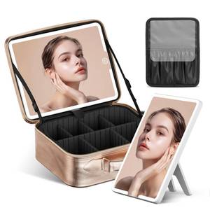 lot 6736 image: JUSRON Travel Makeup Bag With LED Mirror, Cosmetic Train Case with Light up Mirror, Portable Makeup Artist Organizer Bag with Adjustable Dividers, Makeup Brush Holder Storage (Rose Gold, Medium) - Retail $26