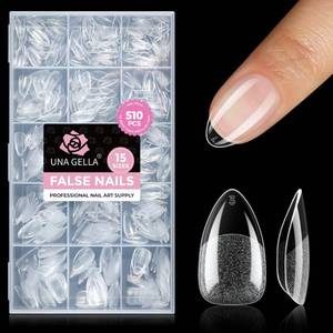 lot 6740 image: UNA GELLA Short Almond Nail Tips, 510Pcs 15 Sizes Pre-Etched Soft Gel Nail Tips Almond Shape, Half Matte Full Cover Clear Pre-shaped Fake Acrylic Nails Extensions for DIY & Salon Manicure Soak Off - Retail $14
