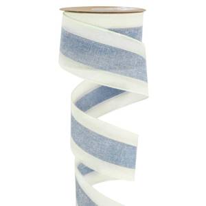 lot 6750 image: MEEDEE Blue and White Stripe Ribbon Wired 2.5 Inch Light Blue Burlap Ribbons with Ivory Stripe Edge Wreath Supplies, Baby Shower Decorations, Crafts Bow Making (10 Yards) - Retail $14