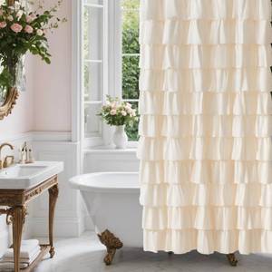 lot 6758 image: WestWeir Beige Ruffle Shower Curtain - Farmhouse Ruffled Design, Cream Boho Bathroom Curtain with Elegant Layered Ruffles, Rustic Shabby Chic Style, Fabric Decorative Drapes 72x84, Extra Long. - Retail $30