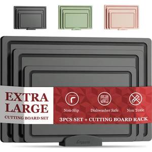 lot 6766 image: Empune Plastic Cutting Board Set, Recycled Plastic Cutting Boards for Kitchen (Set of 3), Dishwasher Safe Large Chopping Board with Holder, Non-slip Feet and Juice Grooves, Nonporous, Grey - Retail $30