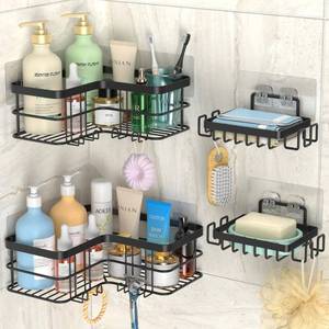 lot 6791 image: Yazoni Corner Shower Caddy, 4-Pack Adhesive Shower Shelves with Soap Holder No Drilling, Rustproof Bathroom Shower Organizer Storage, Black - Retail $17