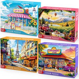lot 6795 image: 4 Pack 500 Piece Puzzles for Adults Scenic Jigsaw Puzzle Set with Beach Store, Vineyard Picnic, Paris Street View &amp Retro Convenience Shop Colorful Landscape Puzzles for Adults, Teens - Retail $25