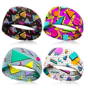 lot 6810 image: 4 Pack 80s 90s Neon Headbands Outfit Accessories for Women Men Retro Vintage Fashion Sweatbands 90s Athletic Elastic Hairband for Hip Hop Party Style Hiking Cycling Running - Retail $12