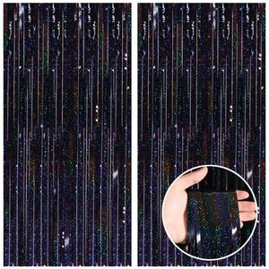 lot 6826 image: CANREVEL 2 Pack 3.3x8.2 Feet Laser Black Foil Fringe Backdrop Curtains, Tinsel Streamers Birthday Party Decorations, Fringe Backdrop for Graduation, Halloween, Happy New Year, Disco Party - Retail $8