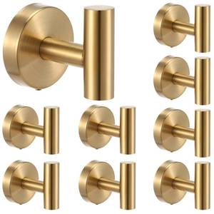 lot 6836 image: Afcabakila 8 Pack Towel Hooks for Bathroom, WallDoorCabinet Mounted Gold Robe Hooks, Stainless Steel Heavy Duty Door Hanger Towel Hook for Clothes, Bedroom, Hotel, Pool, Coats, Kitchen (Drilling) - Retail $12