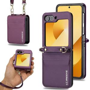 lot 6867 image: ZHOZEXIN Compatible with Samsung Galaxy Z Flip 5 Stand Stylish Flip Protective Pu Leather Case,Wallet case,Card Slot, Phone case with Hand Strap, Shoulder Strap(Purple) - Retail $17