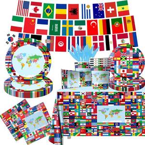 lot 6894 image: International World Flags Tableware Set, 142Pcs International Flags Decorations Plates and Napkins, Cups,Banner,Flags Tablecloth for Travel Trip Around the Globe Retirement Party - Retail $26