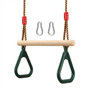 lot 6927 image: PELLOR Playground Childrens Wooden Trapeze Swing Bar with Plastic Gym Rings Swing Set for Indoor & Outdoor Fun - Retail $33