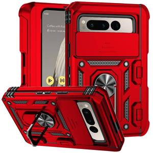 lot 6938 image: Yarxiawin Phone Case for Google Pixel Fold with Ring Holder Kickstand Black, Camera Lens Protector Slide Cover for Google Pixel Fold Case Shockproof Heavy Duty Cool with Holster (Red) - Retail $16