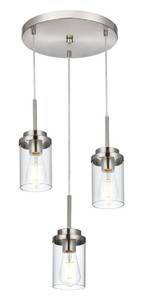 lot 6941 image: MELUCEE 3-Light Hanging Chandelier Light for Dining Room in Brushed Nickel, Modern Kitchen Island Pendant Lighting Adjustable Hanging Ceiling Lamp with Clear Glass Shade - Retail $110