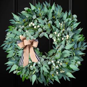 lot 6950 image: 26 Large Wreaths for Front Door Year Round, Spring Summer Artificial Green Eucalyptus Wreath with Buffalo Burlap Bow, Farmhouse Home Decor for Window Porch Holiday Housewarming - Retail $47