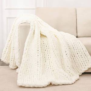 lot 6951 image: Bigacogo Chunky Knit Throw Blanket for Couch, 40x60 inches, 100% Hand Knitted with Thick Jumbo Chenille Yarn, Cozy Soft Large Rope Knot Cable Crochet Blankets for Sofa Bed Living Room, Ivory - Retail $50