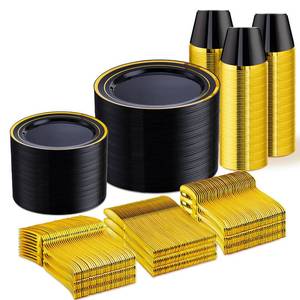 lot 6953 image: WELLIFE 600 PCS Black and Gold Disposable Dinnerware Set for 100 Guests, Gold rimmed Plastic Dinner Plates,Salad Plates,Cups,Silverware Set for New Year Party Supplies - Retail $66