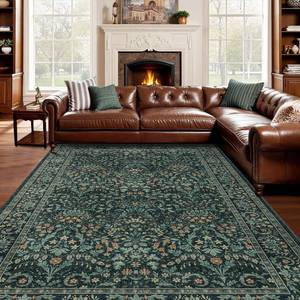 lot 6964 image: Woaboy Washable 5x8 Area Rug for Living Room Bedroom Dining Room Office, Non-Slip Low Pile Stain Resistant Soft Carpet for Vintage Floral Oriental Home Decor Dark GreenNavyBlack - Retail $50