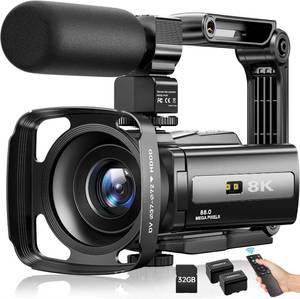 8K Video Camera Camcorder 88MP UHD WiFi Vlogging Cameras for YouTube 18X Digital Zoom IR Night Vision 3.0'Touch Screen Camera with 32GB Card, Microphone, Stabilizer, Lens Hood, Remote, Batteries