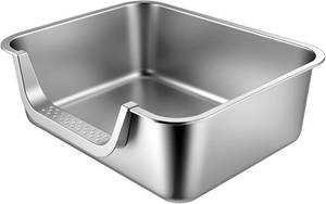lot 171219 image: Stainless Steel Litter Box with Low Entry - 17.7 x 13.8 Open Top Kitty Litter Pan, Non-Slip Step for Kittens, Senior Cats and Small Pets, Easy to Clean & Durable