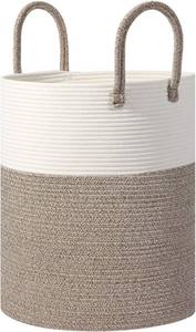 lot 371184 image: Large Woven Laundry Basket Hamper, 60L Cotton Rope Storage Basket for Blankets in Living Room, Decorative Tall Nursery Hamper for Clothes and Toys, White and Brown