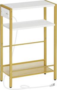 lot 471322 image: HOOBRO Small Narrow Side Table with Charging Station, Skinny End Table for Small Spaces, Slim Nightstand with USB Ports Outlet, Sofa Beside Table with Storage Shelf, White and Gold DW102UBZ01
