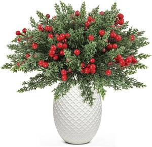 lot 471329 image: Christmas Artificial Pine Branches with Red Barries, 9 Pcs Faux Norfolk Pine Stems, Fake Christmas Greenery Pine Picks for Wreath Craft DIY Home Decor Decorations (9, Cypress-sterms)