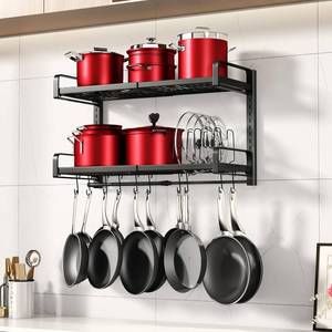 lot 471342 image: 19- 30 Expandable Hanging Pot Rack, 2 Tier Heavy Duty Wall Mounted Pots and Pans Organizer with 10 Hooks and 5 Pot Lid Holders, Pot Hanger Shelf for Kitchen Cookware Utensils Organizers and Storage