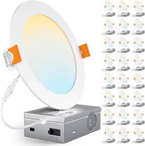 lot 171230 image: CHARKEE 24 Pack 6 Inch 5CCT Ultra-Thin LED Recessed Ceiling Light with Junction Box, 2700K-5000K, 1050LM High Brightness, Dimmable Canless Wafer Downlight,12W Eqv 110W, ETL & Energy Star & FCC