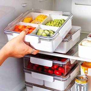 lot 171231 image: MineSign 3Pack Snackle Box Divided Veggie Serving Tray with Lid Salad Keeper with 4 Removable Boxes Stackable Refrigerator Organizer Bins Produce Saver for Meal Prep Fruit Vegetable Lunch Meat