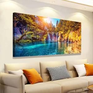 lot 271235 image: Lake Waterfall Natural Picture Wall Art Landscape Canvas Prints Painting Home Decor Tree Picture for Living Room Bedroom Kitchen Office Decoration 24x48 Wooden Frames Artwork Ready to Hanging